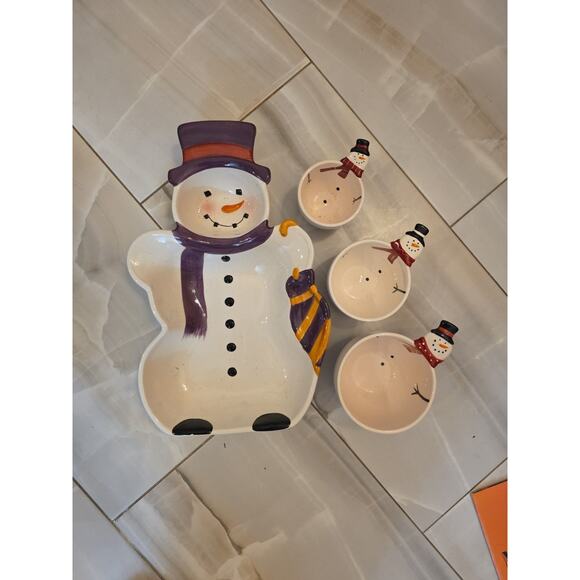 Snowman Ceramic Serving Dish Set 4 Pieces Holiday Christmas Bowls Platte - Picture 3 of 16